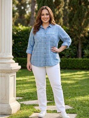DC Jeans Light Blue Windowpane Button-Down Snap Closure Shirt- 2XL